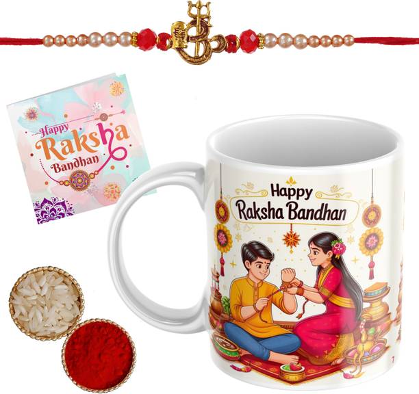 amrita Designer Cute Rakhi for Brother with Printed Ceramic Mug (Combo Pack 4) RKBD7_RKI40 Assorted Rakhi, Mug, Chawal Roli Pack, Greeting Card Set