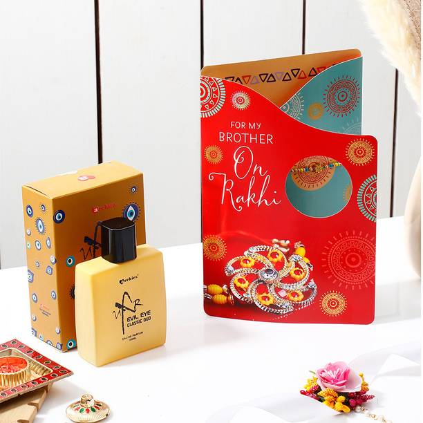 Thread Exclusive Rakhi Greeting Card with Classic Oud Perfume Assorted Rakhi, Perfume Set by ARCHIES