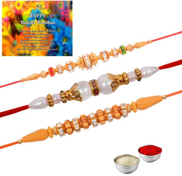 Plakasha creations Bracelet AC_AL_AM Mauli Thread Rakhi, Chawal Roli Pack, Greeting Card  Set