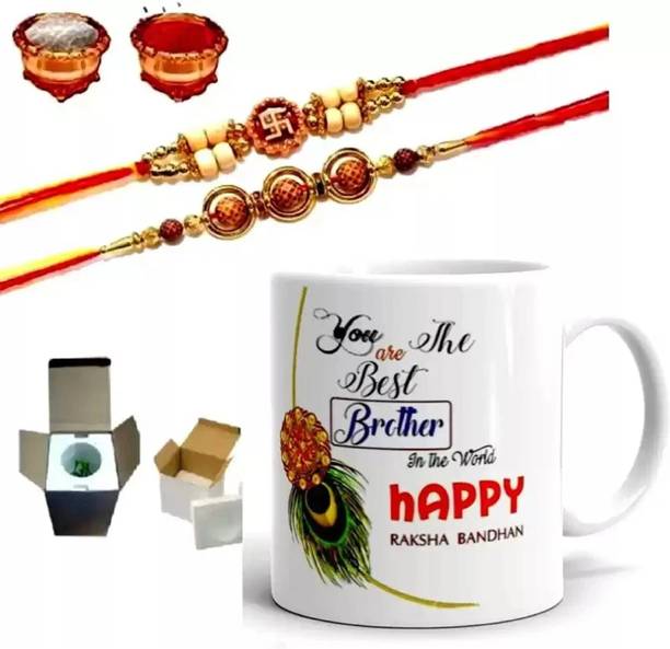 RHYTHM GIFT4U Designer Rakhi For Bhaiya & Bhabhi | kundan designer rakhi combo with Mug| Roli tilak pack | Rakhi for brother and bhabhi | Fancy design rakhi | Exculive rakhi | Rakhi for Didi Jiju| Mor Pankh Rakhi 1001 M Mauli Thread Rakhi, Mug Set