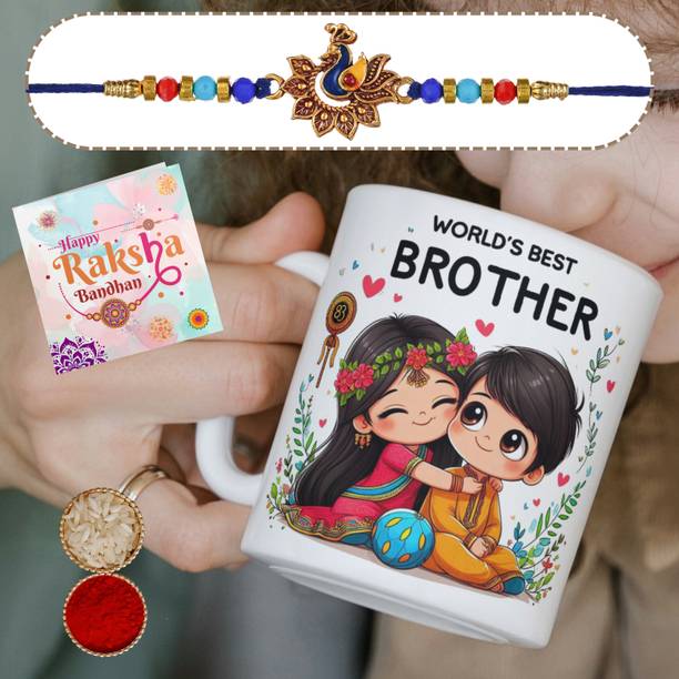Bracelet Raksha Bandhan Special Brother Rakhi & Coffee Mug Gift (Combo of 4) Bro262_RKI51 Assorted Rakhi, Mug, Chawal Roli Pack, Greeting Card  Set