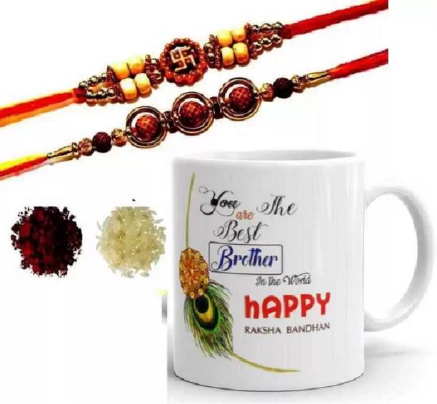 RHYTHM GIFT4U Designer Rakhi For Bhaiya & Bhabhi | kundan designer rakhi combo with Mug| Roli tilak pack | Rakhi for brother and bhabhi | Fancy design rakhi | Exculive rakhi | Rakhi for Didi Jiju| Mor Pankh Rakhi 19 Mauli Thread Rakhi, Mug  Set