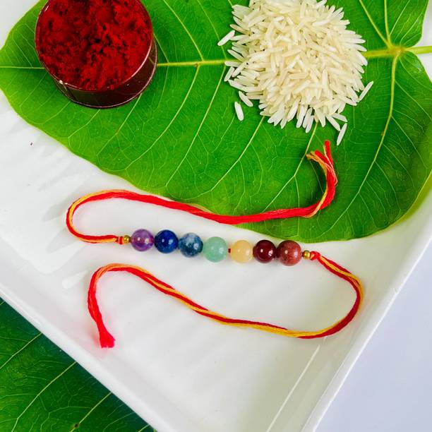 Shivkosha Religious 7 Chakra Healing Crystal Rakhi for Balance, Energy & Protection Yarn Chawal Roli Pack  Set