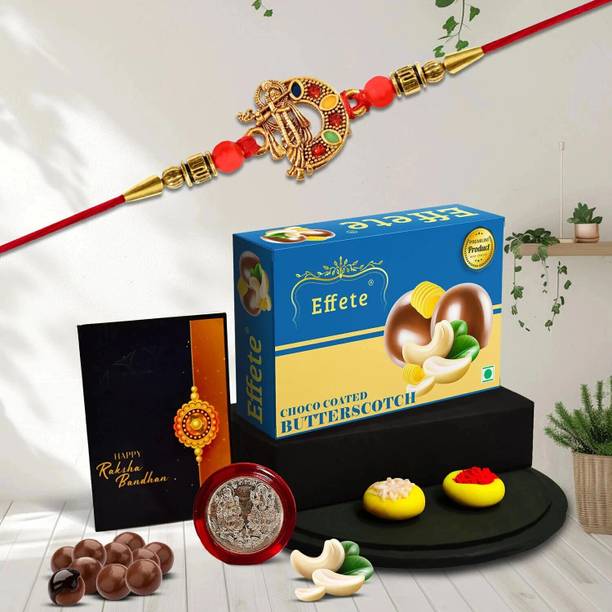 DeoDap Religious Rakhi Combo Gift Set for Brother |Butterscotch 32Gm|Chocolate|Y22K1_357_BS32 Assorted Rakhi, Chawal Roli Pack, Greeting Card, Coins  Set