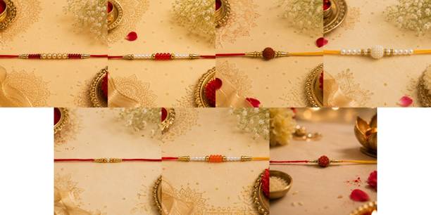 Designer July combo7 Rakhi Set-1181 Gold Finish, Mauli Thread, Pearl Rakhi by RS Creations