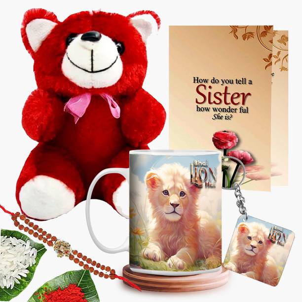GiftWeb Rudraksh Gift For Sister Coffee Mug & Keychain & CD& Rakhi & Teddy Gift set-46 Assorted Rakhi Set