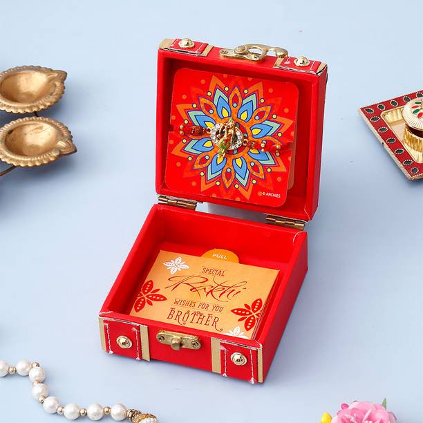 ARCHIES Thread Divine Krishna Red Rakhi Treasure Box Gold Finish Rakhi  Set