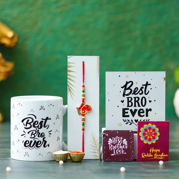 Tonkwalas Designer Rakhi Gift Set For Brother Combo With Roli Chawal Greeting Card- TW-MUG-60-CE Mauli Thread Mug, Rakhi, Key Ring, Showpiece, Greeting Card, Chawal Roli Pack Set