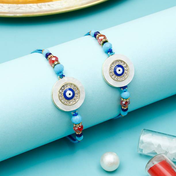Thread Pack Of 2 Rhinestone Evil Eye Marble Rakhi With Rakhi Greeting Card Assorted Rakhi, Greeting Card, Chawal Roli Pack Set by ARCHIES