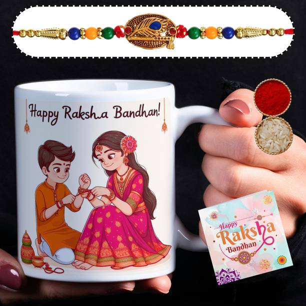 Bracelet Raksha Bandhan Special Brother Rakhi & Coffee Mug Gift (Combo of 4) RKBD4_RKI38 Assorted Rakhi, Mug, Chawal Roli Pack, Greeting Card  Set