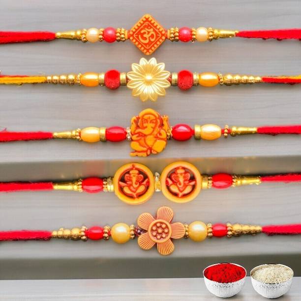 RakhiDhaga Designer A1-C2-C3-C4-C Assorted Rakhi, Chawal Roli Pack  Set