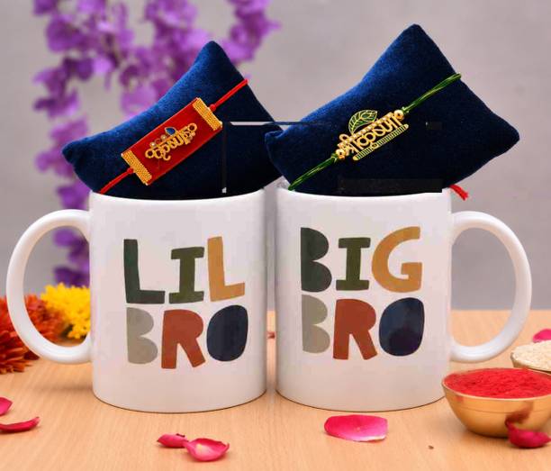 Religious Rakhi Mug for Brother|Rakhi For Brothers|Rakhi Mug Combo With Roli Chawal Assorted, Kundan, Mauli Thread Rakhi, Mug, Chawal Roli Pack Set by THE CLICK INDIA