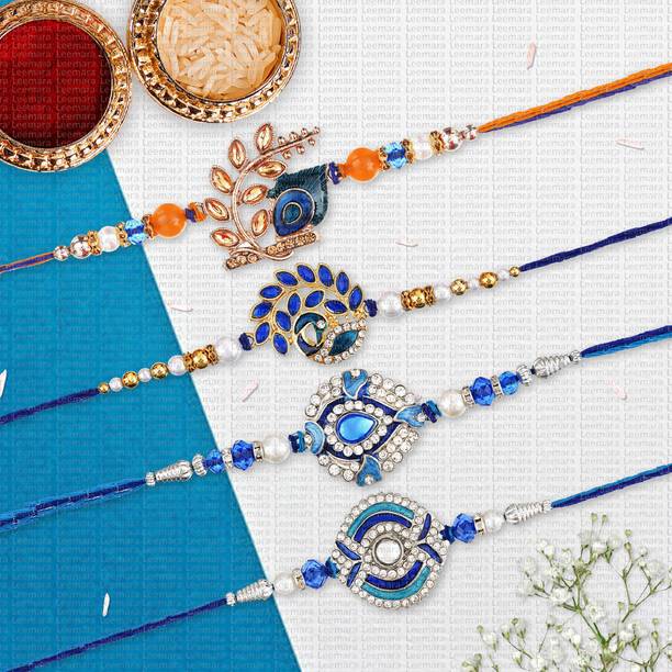 LEEMARA Designer LMR-R-2-7-8-10 Mauli Thread, Pearl, Kundan, Gold Finish Rakhi, Chawal Roli Pack, Greeting Card  Set