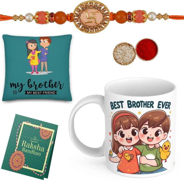 Anvigifts Thread Anvi-Bro231-CS05_P02 Assorted Cushion, Rakhi, Mug, Greeting Card, Chawal Roli Pack  Set