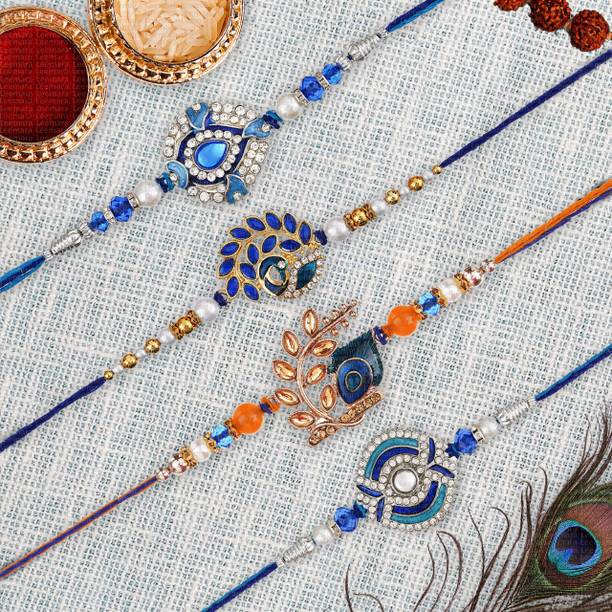 Dreamica Designer Set-2-7-8-10 Mauli Thread, Kundan, Pearl Rakhi, Chawal Roli Pack, Greeting Card  Set