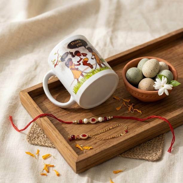 Craftlayout Lumba Handmade Rakhi for Bhaiya & Bhabhi with Roli Chawal, Greeting Card & Coffee Mug Mauli Thread Lumba Set
