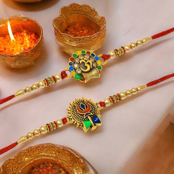 Meira Jewellery Religious Combo-1267 Gold Finish Rakhi, Greeting Card, Chawal Roli Pack  Set