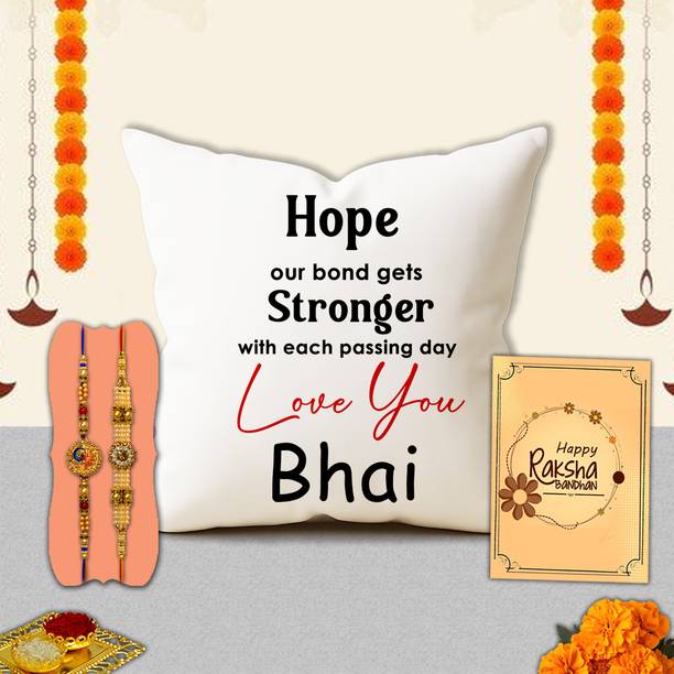 Avirons Thread Deluxe Rakhi Collection for Bhaiya – Premium Cushion Gift Set for Brother Assorted Chawal Roli Pack, Cushion, Rakhi, Greeting Card Set