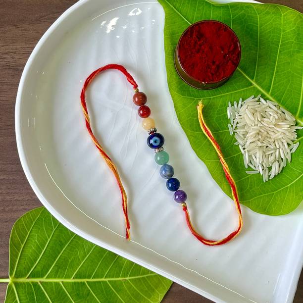 Shivkosha Religious 7 Chakra Rakhi with Evil Eye – Protection & Energy Balance Yarn Chawal Roli Pack  Set
