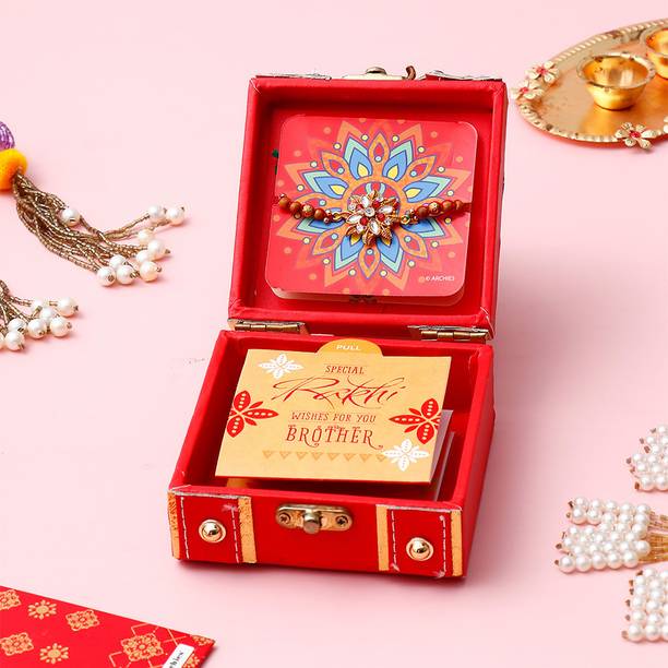 ARCHIES Thread Crimson Beaded Rakhi Treasure Box Gold Finish Rakhi  Set