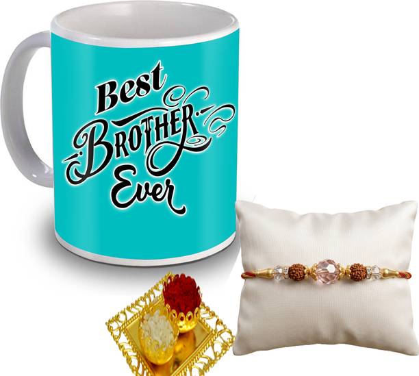 Rudraksh Best Brother Ever Ceramic Mug & Rudraksha Rakhi Gift Combo Set Mauli Thread Mug, Rakhi Set by GIFTGROOVE