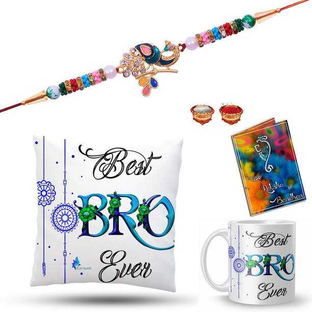 Dreamcart Bracelet rakhi for brothers C M+112+SM Gold Finish Rakhi, Mug, Cushion, Chawal Roli Pack, Greeting Card  Set