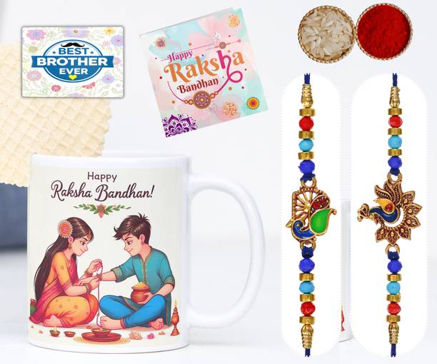 Ekish Thread Brother Love Rakhi Gift Combo with Coffee Mug | Pack of 6 - RKBD2_FMEG5051 Assorted Chawal Roli Pack, Greeting Card, Mug, Rakhi  Set