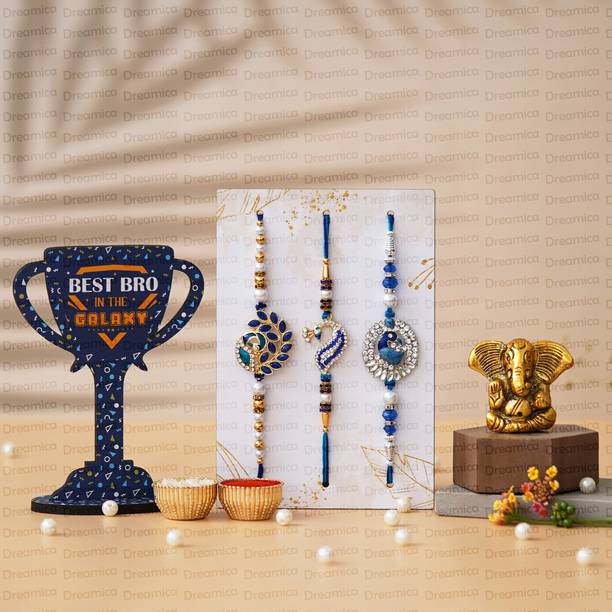 Dreamica Designer DRM-RAKHI-5101 Mauli Thread Rakhi, Showpiece, Chawal Roli Pack, Greeting Card  Set