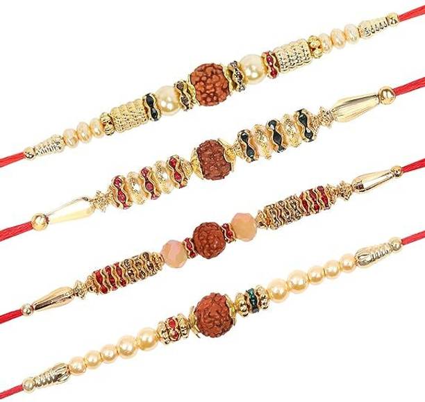 Riddhika Ventures Thread Brown Rudraksh & Pearl Rakhi (Set of 4) with Yarn Rakhi  Set
