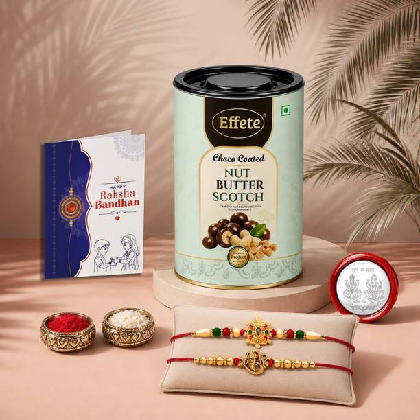 DeoDap Designer Rakhi Combo Gift Set for Brother |Butterscotch 96Gm|Chocolate|Y22K2_1+2_BS Assorted Rakhi, Chawal Roli Pack, Coins, Greeting Card Set