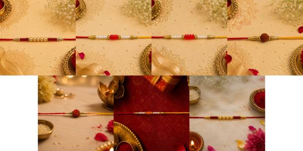 Designer July combo7 Rakhi Set-8667 Gold Finish, Mauli Thread, Pearl Rakhi by RS Creations
