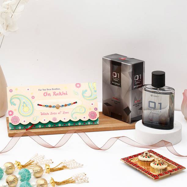 Thread On Rakhi With Lots Of Love' Mailer With 01 Original Black Diamond Perfume Assorted Rakhi, Perfume Set by ARCHIES