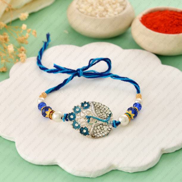 Elegaci Gifts Designer Rhodium Peacock Bracelet Blue and Silver-tone Rakhi For Brothers Platinum Rakhi, Chawal Roli Pack, Greeting Card  Set