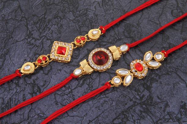 PORAK Designer Designer Gold Plated Rakhi Combo Set of 3 PCS Gold Finish, Kundan, Mauli Thread, Pearl Rakhi  Set