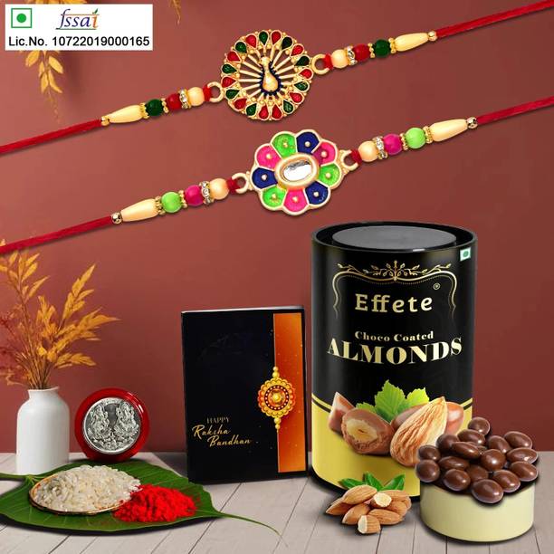 DeoDap Designer Rakhi Combo Gift Set for Brother |Almnond 96Gm|Chocolate|Y22K2_353+357_CA Assorted Rakhi, Chawal Roli Pack, Greeting Card, Coins  Set