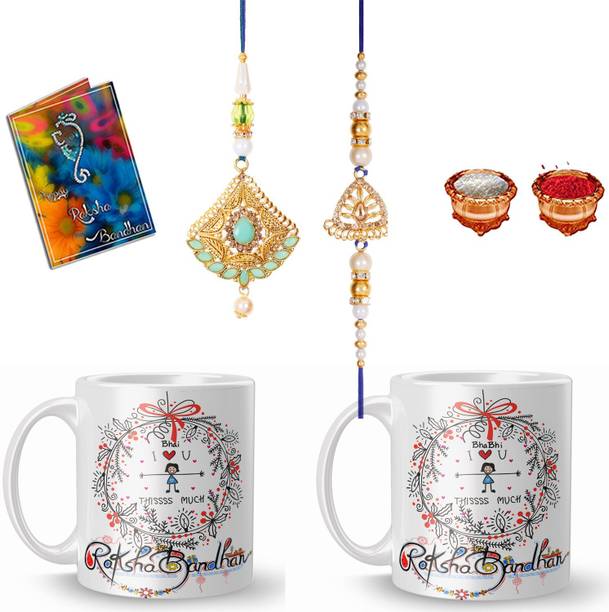 CHANUN Bhaiya Bhabhi L-102-102b-YP-VM Gold Finish Lumba, Chawal Roli Pack, Rakhi, Greeting Card, Mug  Set