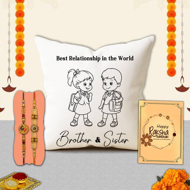 Avirons Thread Creative Raksha Bandhan Present for Bro – Premium Cushion Gift Combo for Veer Assorted Chawal Roli Pack, Cushion, Rakhi, Greeting Card  Set