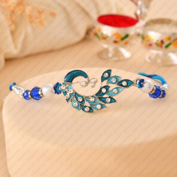 Elegaci Gifts Designer Meenakari Peacock Bracelet Rakhi For Brothers Platinum Rakhi, Chawal Roli Pack, Greeting Card  Set
