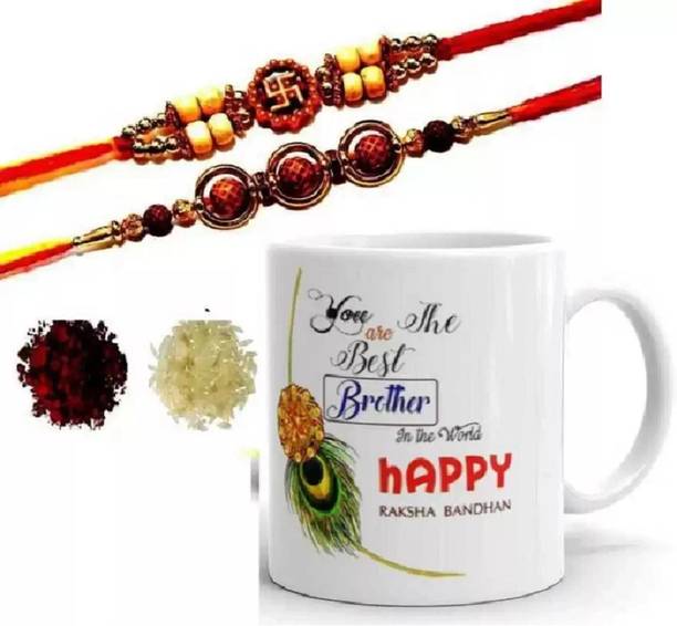 RHYTHM GIFT4U Designer Rakhi For Bhaiya & Bhabhi | kundan designer rakhi combo with Mug| Roli tilak pack | Rakhi for brother and bhabhi | Fancy design rakhi | Exculive rakhi | Rakhi for Didi Jiju| Mor Pankh Rakhi 19 Mauli Thread Rakhi, Mug Set