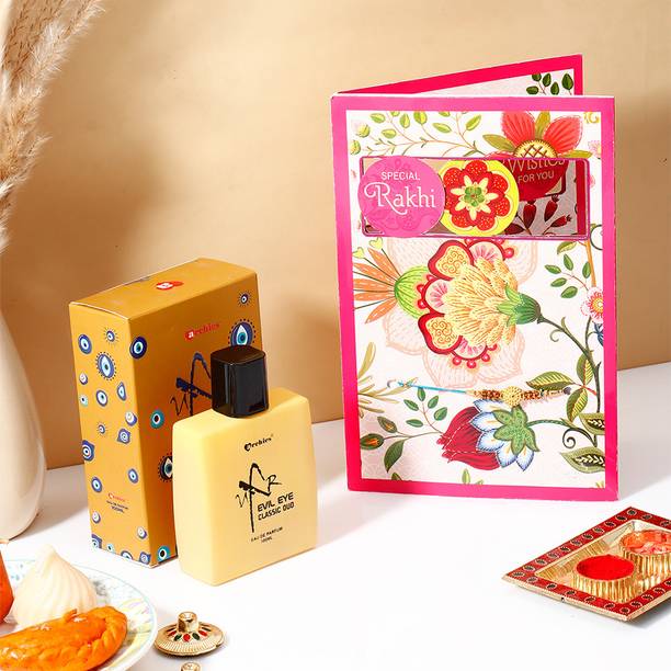 Thread Special Rakhi Greeting Card with Classic Oud Perfume Assorted Rakhi, Perfume Set by ARCHIES