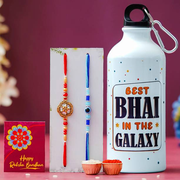 Tonkwalas Designer Rakhi Gift Set For Brother Combo With Roli Chawal Greeting Card- SIP-12-C16-C18 Mauli Thread Bottle, Rakhi, Greeting Card, Chawal Roli Pack  Set