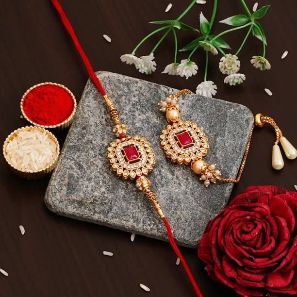 SHUBHAM JEWELLERS Bhaiya Bhabhi Rakhi_608 Gold Finish Chawal Roli Pack  Set