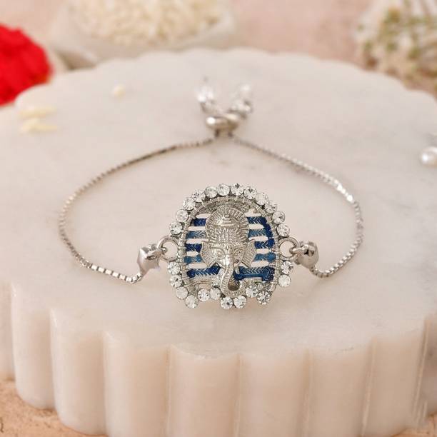 Elegaci Gifts Designer Rhodium Ganesha Bracelet Silver-tone Rakhi For Brothers Silver Rakhi, Chawal Roli Pack, Greeting Card  Set