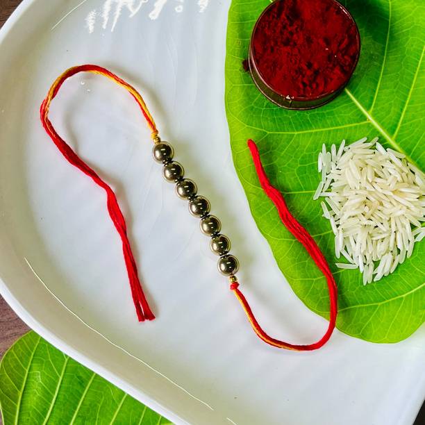 Shivkosha Religious Golden Pyrite Gemstone Rakhi – Protection, Abundance & Strength for Brothers Yarn Chawal Roli Pack  Set