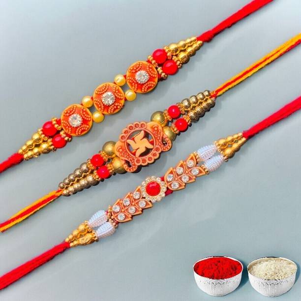 RakhiDhaga Designer H4-F4-G6 Assorted Rakhi, Chawal Roli Pack  Set