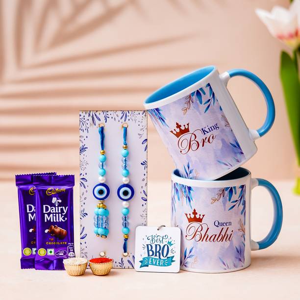 Cadbury Bhaiya Bhabhi Evil Eye Bhaiya Bhabhi Lumba Rakhi Combo With Ceremic Mugs and Chocolates Assorted Rakhi, Mug Set