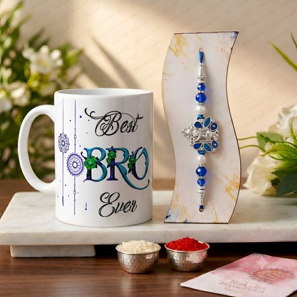Designer Rakhi Gift Set for Bhaiya Silver Rakhi, Mug, Greeting Card, Chawal Roli Pack Set by Plakasha creations