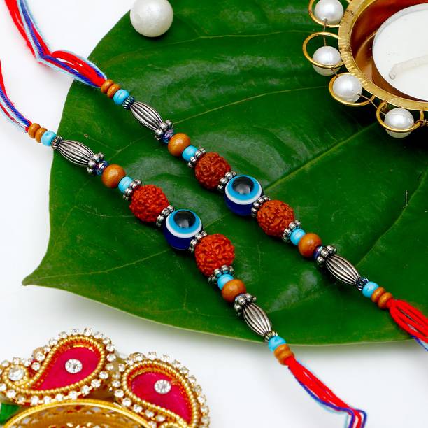 Thread Traditional Evil Eye Rudraksh Rakhi Set for Brother With Rakhi Greeting Card Assorted Rakhi, Greeting Card, Chawal Roli Pack Set by ARCHIES