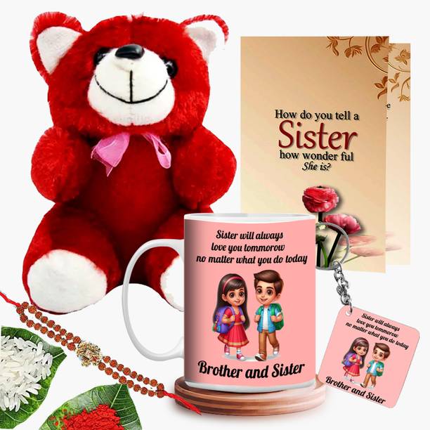 GiftWeb Rudraksh Gift For Sister Coffee Mug & Keychain & CD& Rakhi & Teddy Gift set-57 Assorted Rakhi Set