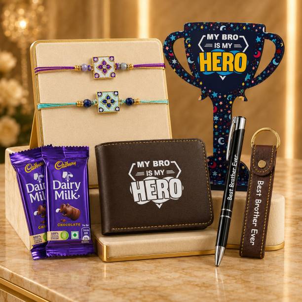 Dreamica Designer Rakhi Gift For Brother - 110 Assorted Rakhi, Wallet, Key Ring, Showpiece, Pen, Chawal Roli Pack, Greeting Card  Set